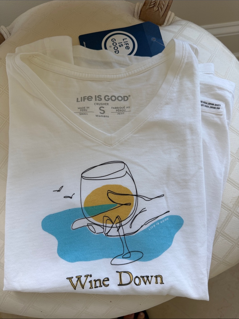 Life Is Good White V-Neck "Wine Down" Graphic Tee